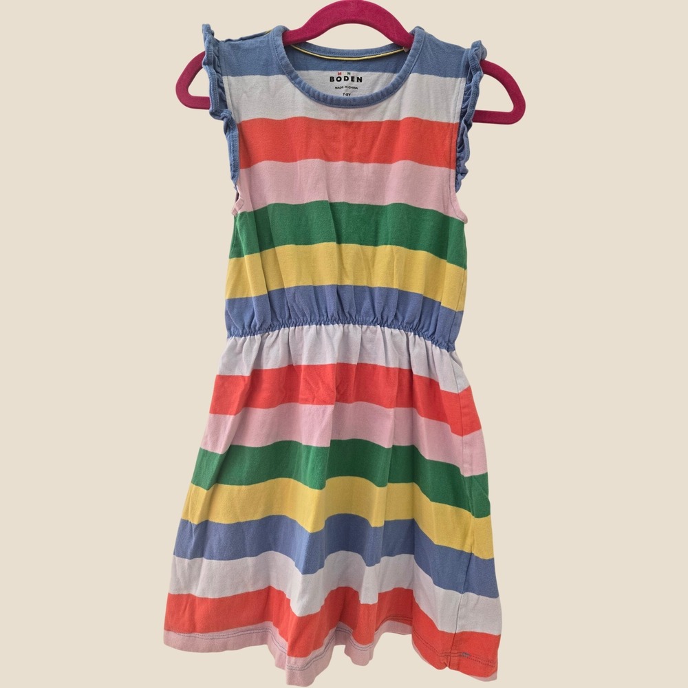 Mini Boden Girls Rainbow Stripe Ruffle Jersey Dress Multi Color Size 7-8Y G3886